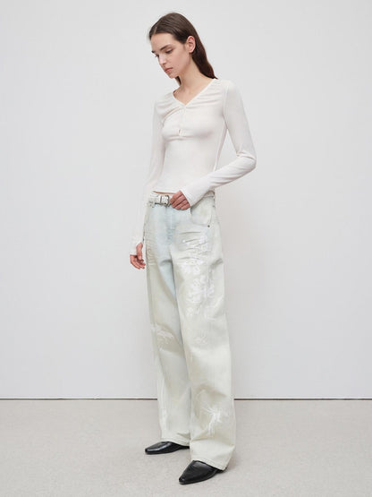RUN TO THE FUTURE Vintage Light Blue Floral Cotton Loose Casual Womens Zipper Fly Wide-Leg Jeans