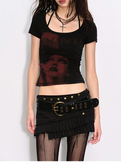 Low pixel Lyocell Cotton Blend Punk Printed Slim Fit Black Crop Tee Basic Crop Tops