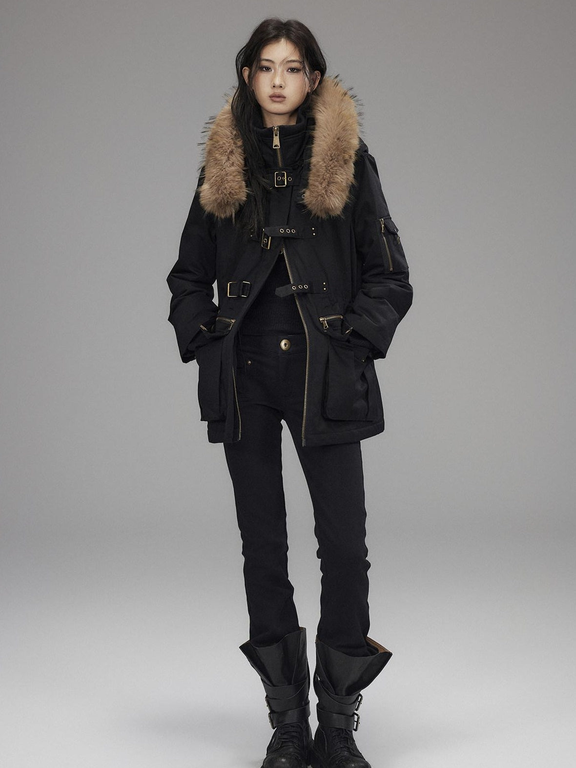 Low pixel Warm Cotton Utility Cinched Waist Multi Pocket Hooded Women Black Puffer Jackets