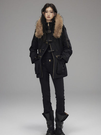 Low pixel Warm Cotton Utility Cinched Waist Multi Pocket Hooded Women Black Puffer Jackets