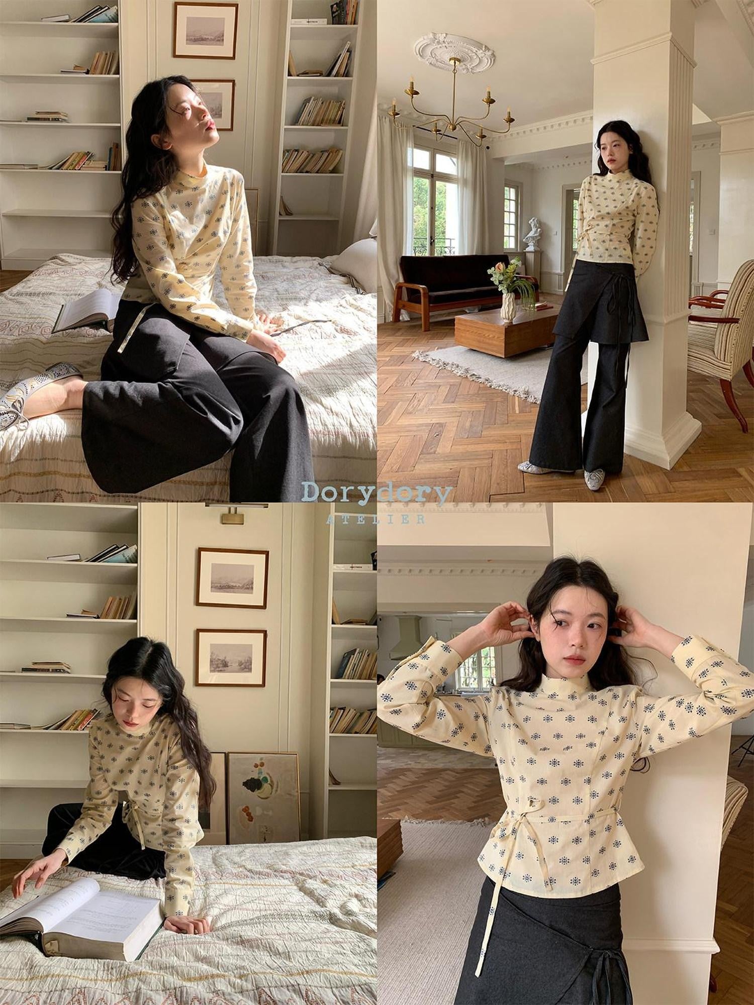 Dorydory Beige Chinese Floral Stand Collar Tie Waist Women&