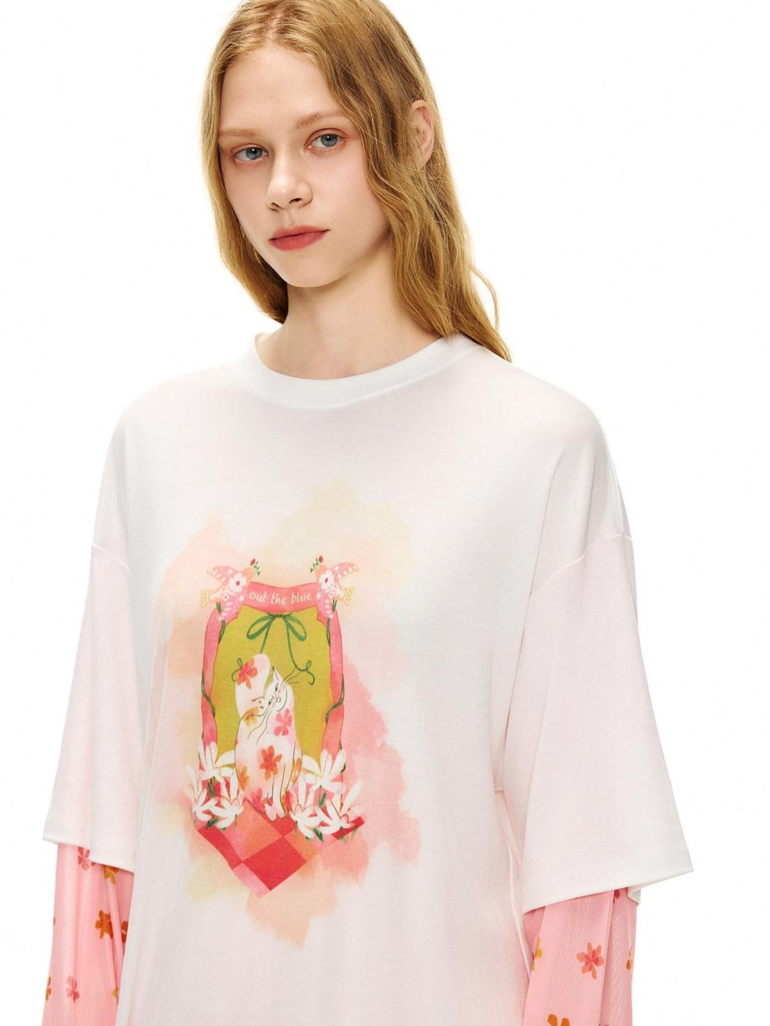 OuttheBlue Cat Garden Print Casual Loose Drop Shoulder Round Neck Long Sleeve T-Shirts