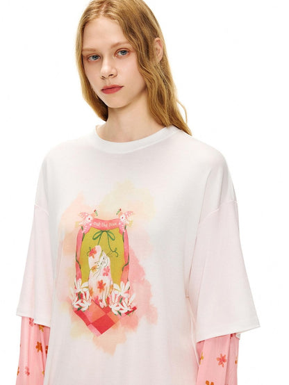 OuttheBlue Cat Garden Print Casual Loose Drop Shoulder Round Neck Long Sleeve T-Shirts