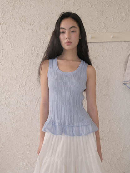 DKZ OFFICIAL Ribbed Knit Ruffle Hem U Neck Racerback Women&