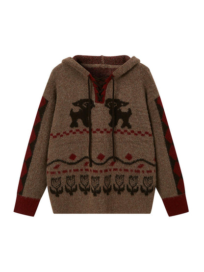 DIDDI MODA Vintage Fair Isle Hooded Knit Sweater