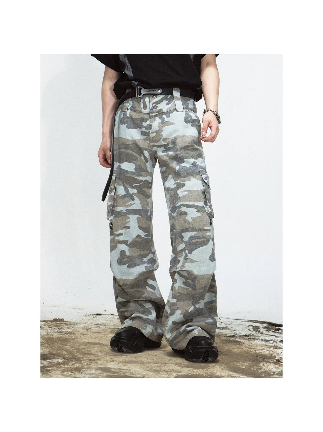 Grey Camo Washed Cargo Pants Loose Fit Vintage Parachute Trousers