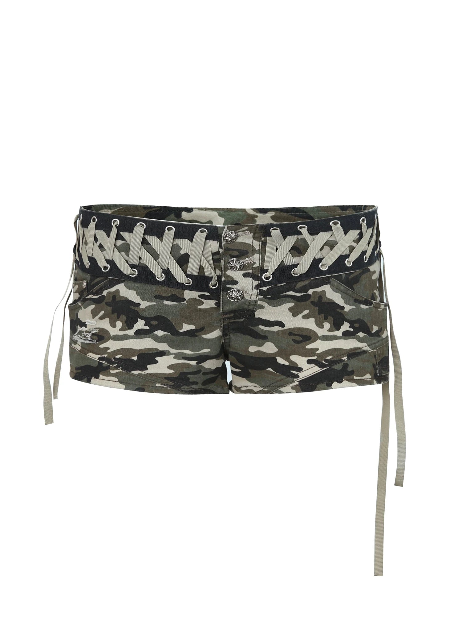 Camouflage Low-Rise Hot Shorts With Metal Buckle &amp; Tie