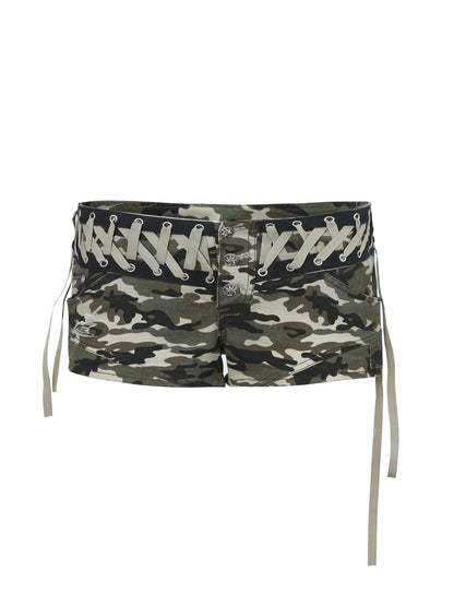 Camouflage Low-Rise Hot Shorts With Metal Buckle &amp; Tie