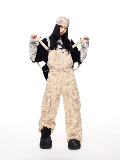 Peoplesense Vintage Camo Cargo Jumpsuit With Distressed Hem Multi Pockets