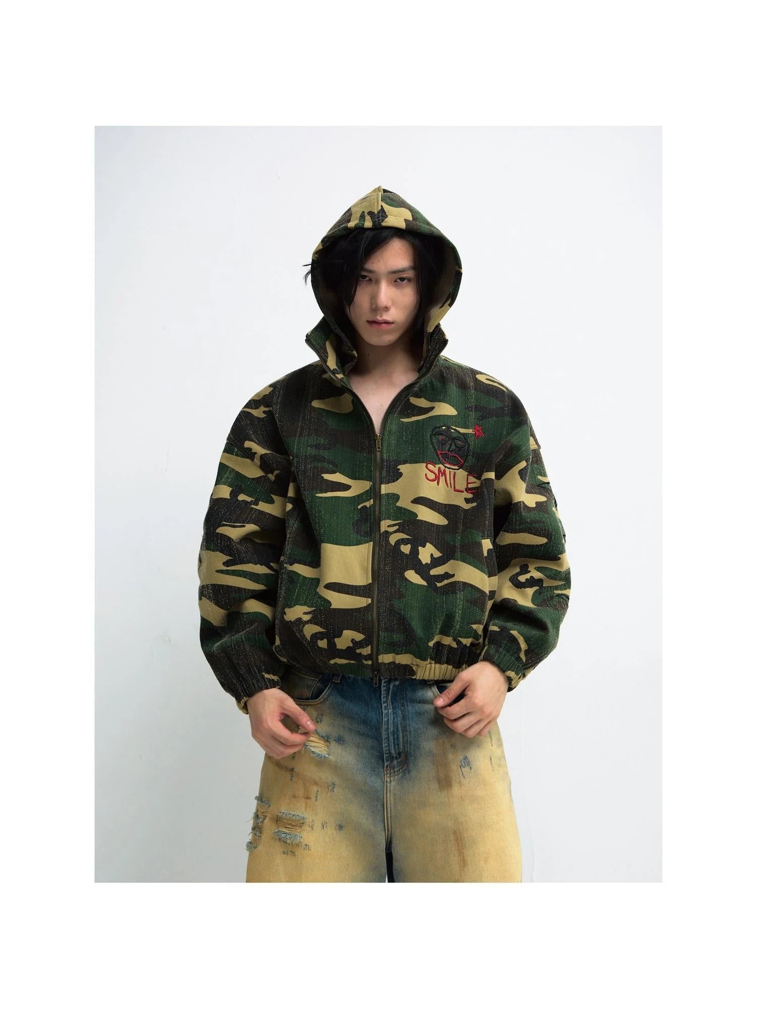 Punk Camo Distressed Hooded Sweatshirt Unisex Loose Fit Cotton Jacket