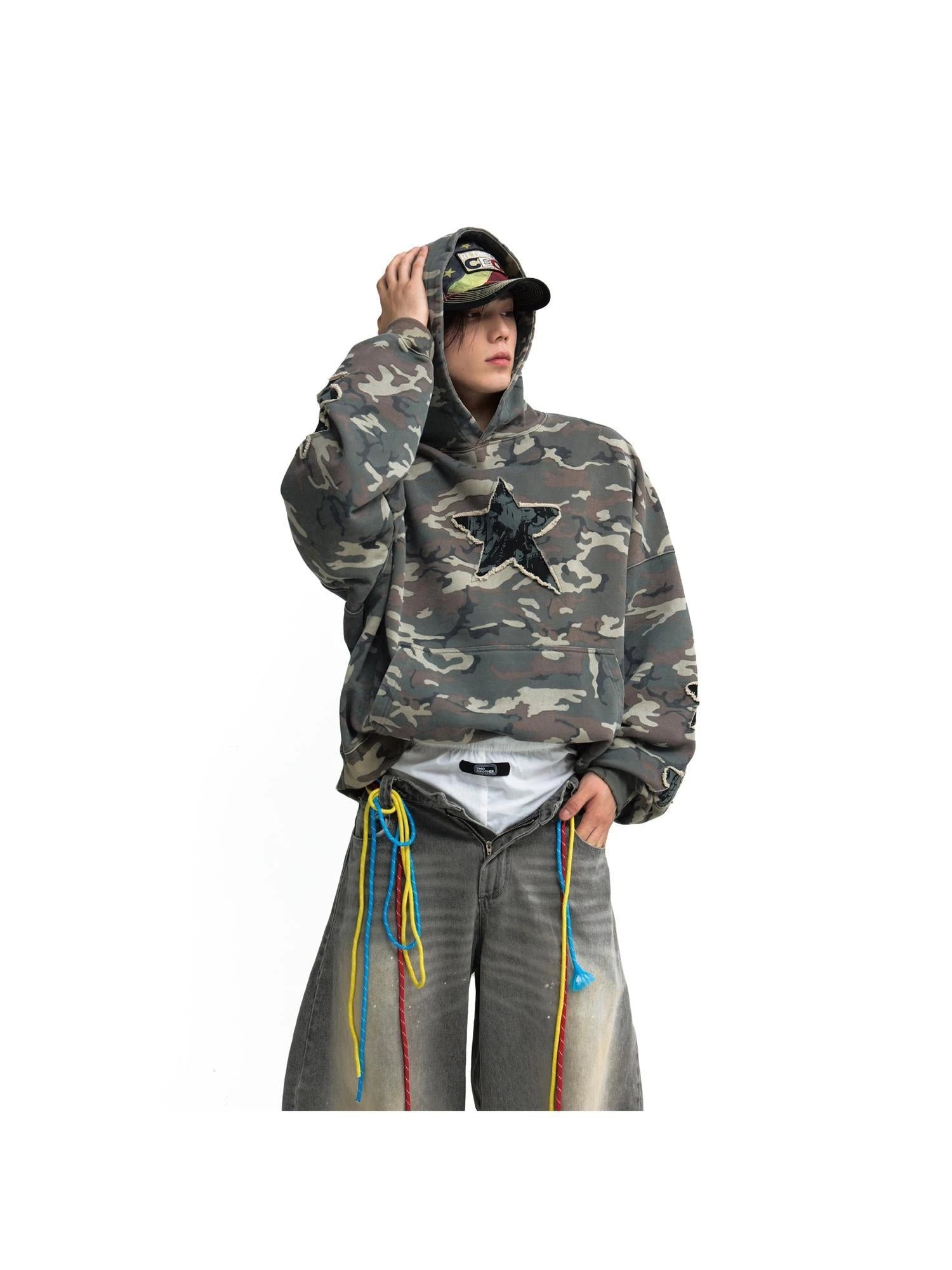Retro Embroidered Camo Hoodie Unisex Washed Loose Pullover