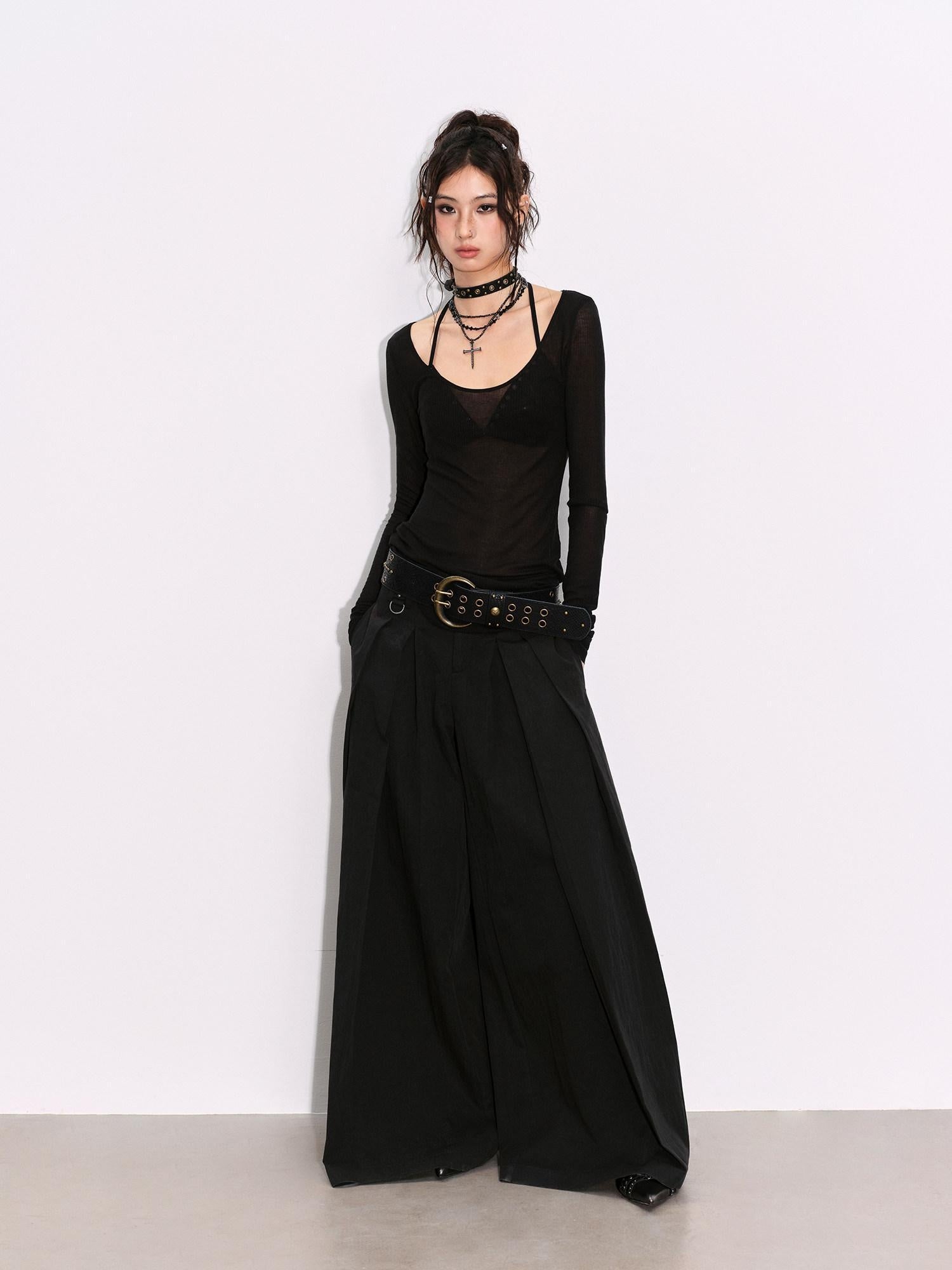 Low pixel Pleated Low Waist Relaxed Cotton Blend Black Women Wide Leg Pants