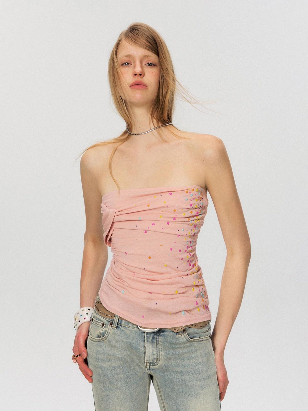 The NeverMore Original Paneled Slim Fit Cropped Casual Solid Color Dusty Pink Tube Tops