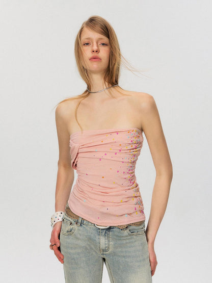 The NeverMore Original Paneled Slim Fit Cropped Casual Solid Color Dusty Pink Tube Tops