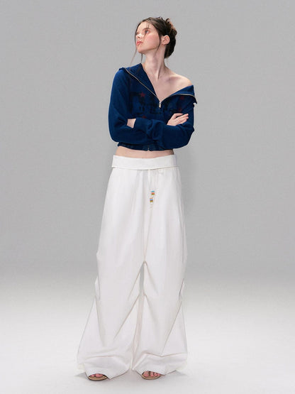 The NeverMore Cotton Blend Vintage Curved Cut Natural Waist Women White Wide Leg Pants