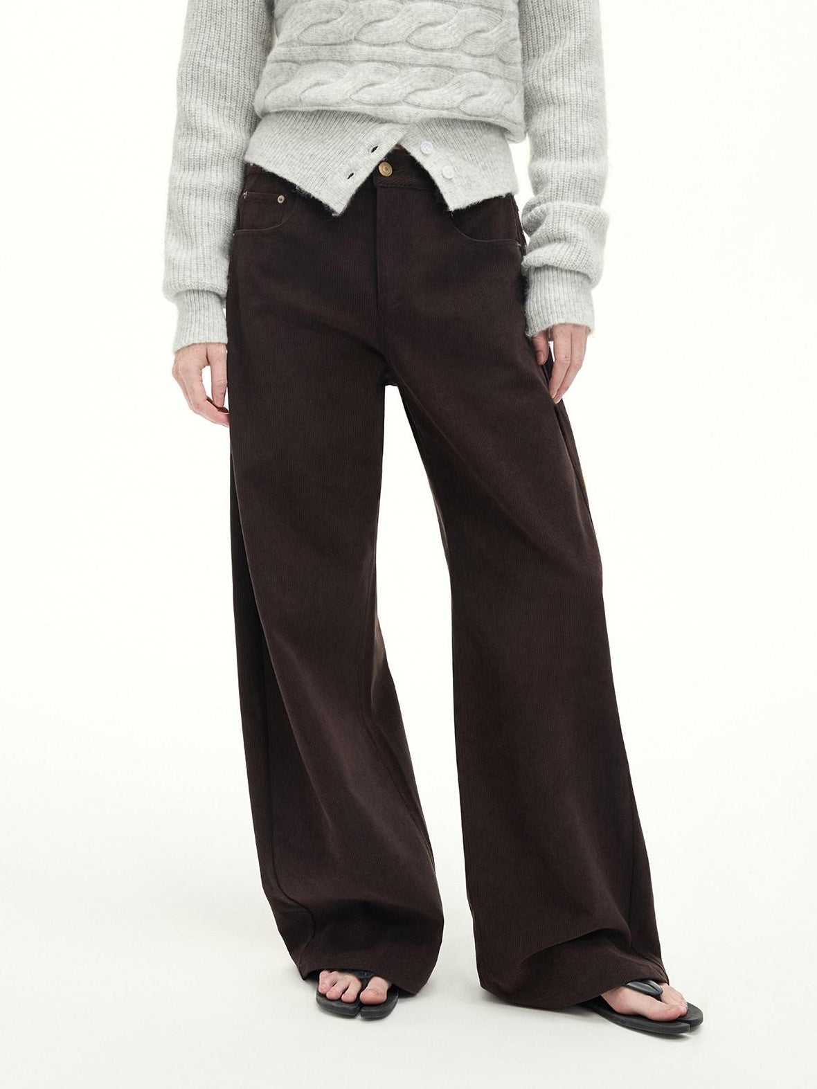 RUN TO THE FUTURE Casual Mid Low Waist Zip Fly Polyester Women Deep Brown Wide-Leg Pants