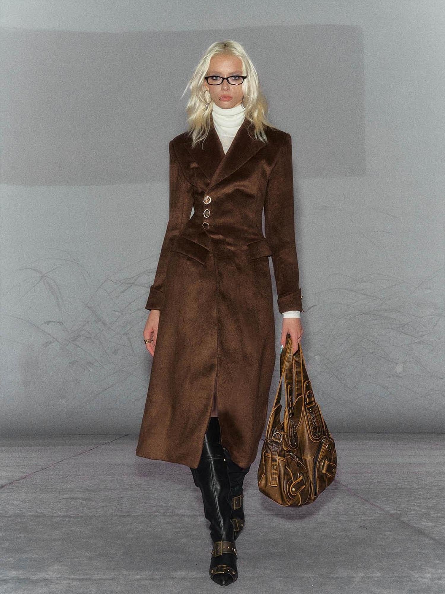 The NeverMore Warm Wool Blend Street Midlength Single Breasted Women Brown Wool Coats