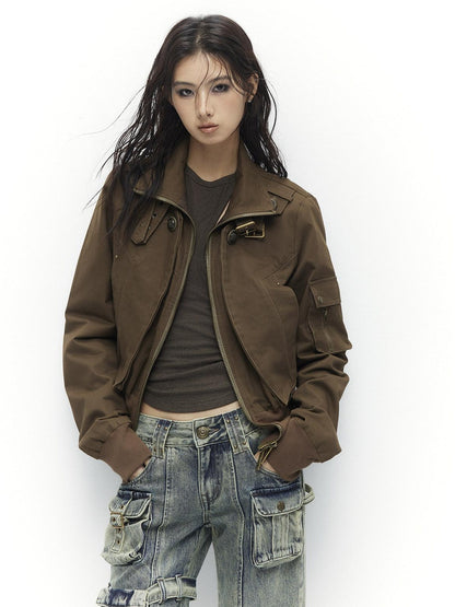 Low pixel Slim Waist Dark Gothic Cotton Zip Stand Collar Long Sleeve Women Cropped Jackets