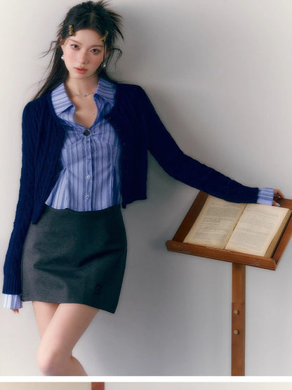 7Shiftin Crop Two Piece Casual Short Length Layered Set For Women Blue White Shirts