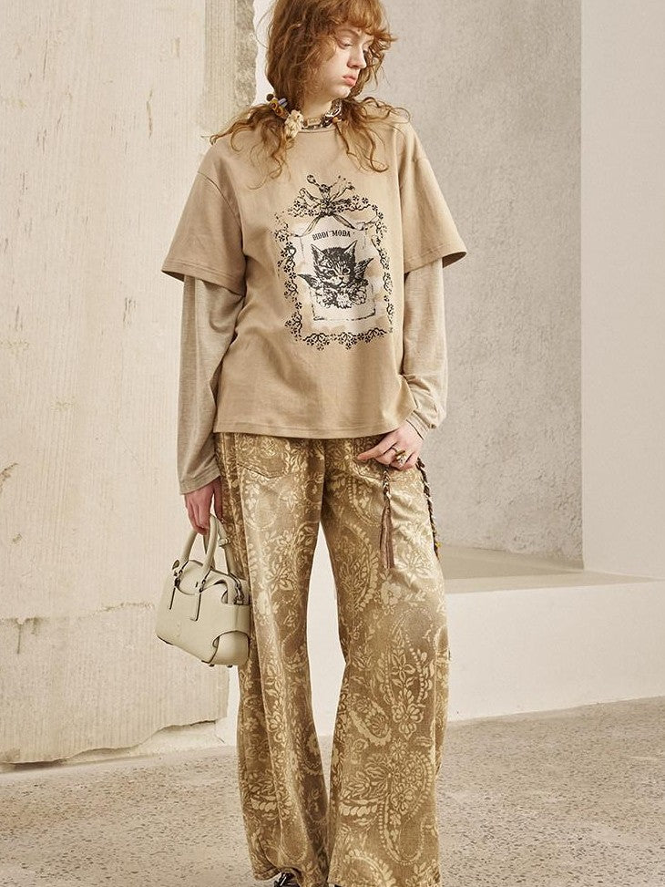 DIDDI MODA Angel Kitten Print Faux Layered Loose Women&