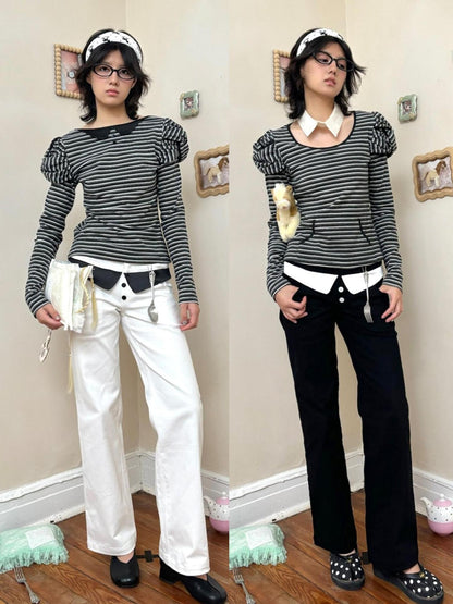 nit alcove Soft Modal Slim Fit Casual Sculpted Women Striped Bow Long Sleeve T-Shirts