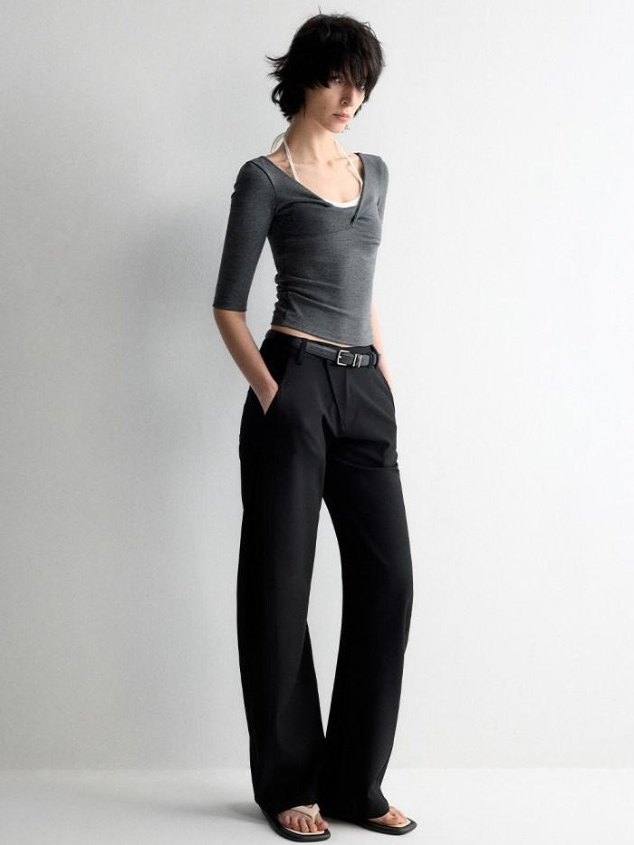 RUN TO THE FUTURE Soft Stretch Low Rise Minimal Loose Curved Tapered Women Classic Black Chinos