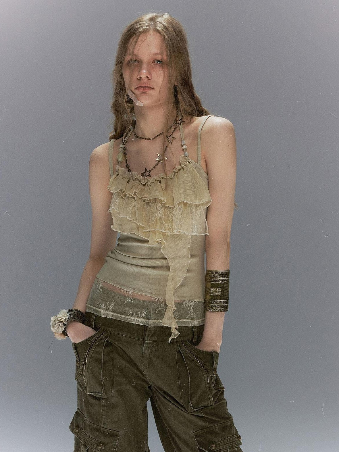 Cest Nous Leaf Tie Dye Beaded Lace V-neck Layered Ruffle Women&