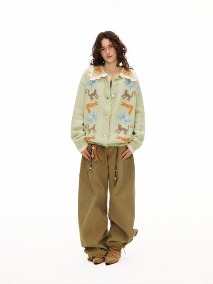 OuttheBlue Warm Acrylic Wool Commuter Loose Jacquard Mint Green Cardigans