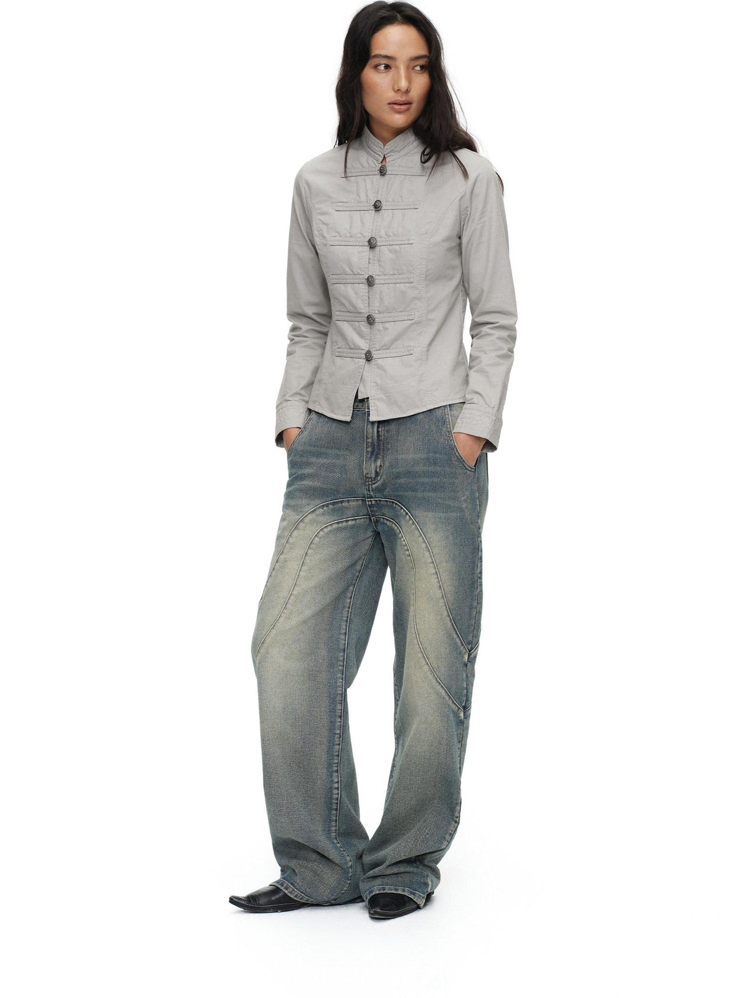 oinimi Star Gray Washed Napoleon Button Stand Collar Fitted Waist Women&