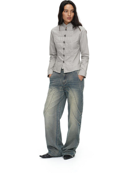 oinimi Star Gray Washed Napoleon Button Stand Collar Fitted Waist Women&