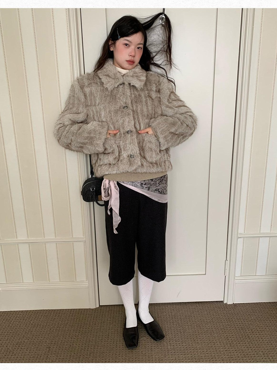 Dorydory Striped Turn Down Collar Eco Fur Textured Women&