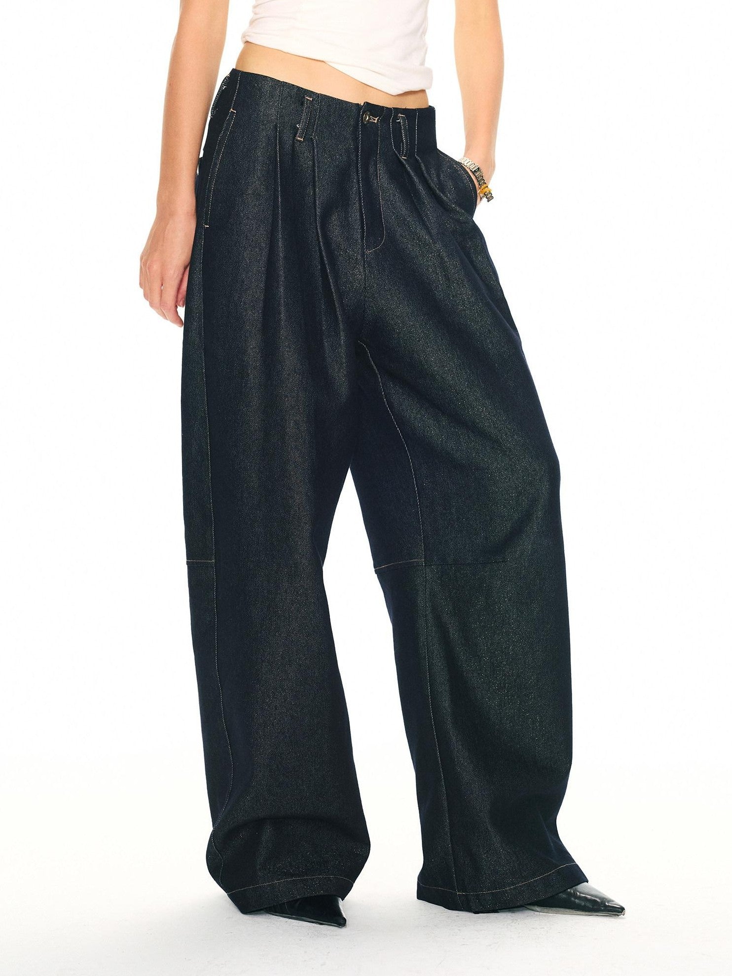 2th Desire Shimmer Contrast Stitching High Waist Button Women&