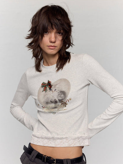 RUN TO THE FUTURE Stretch Cotton Slim Vintage Commuter Printed Lace Long Sleeve Women Crop Tops