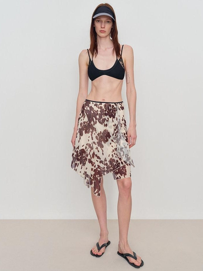 RUN TO THE FUTURE Breathable Lined Asymmetric A Line Casual Low Waist Cow Print Women Midi Skirts
