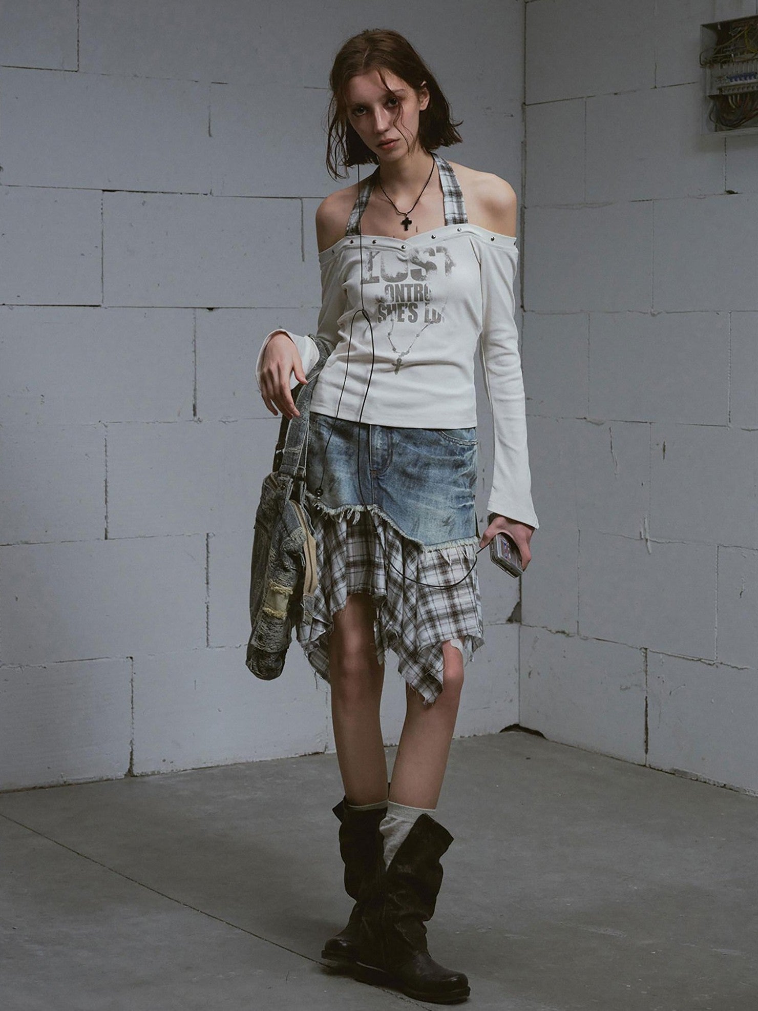 Cest Nous Washed Deconstructed Plaid Patchwork Asymmetric Women&