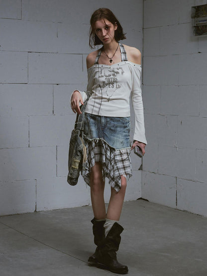Cest Nous Washed Deconstructed Plaid Patchwork Asymmetric Women&