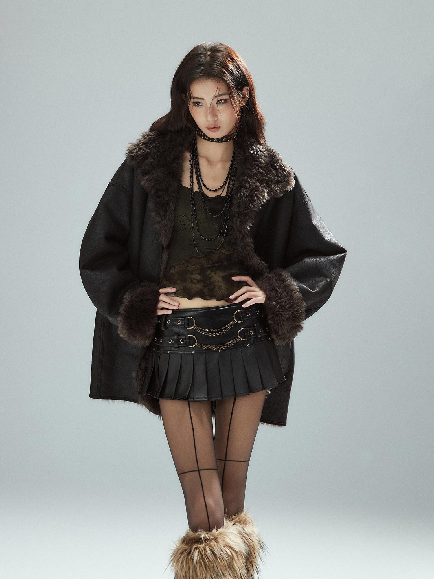 Low pixel Low Waist Pleated A Line Street Patchwork Chain Zipper Lined Black Mini Skirts
