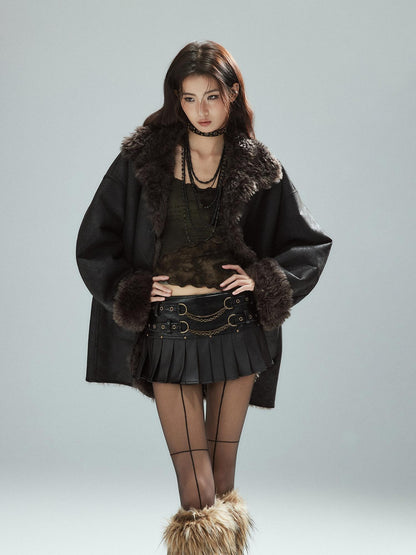 Low pixel Low Waist Pleated A Line Street Patchwork Chain Zipper Lined Black Mini Skirts