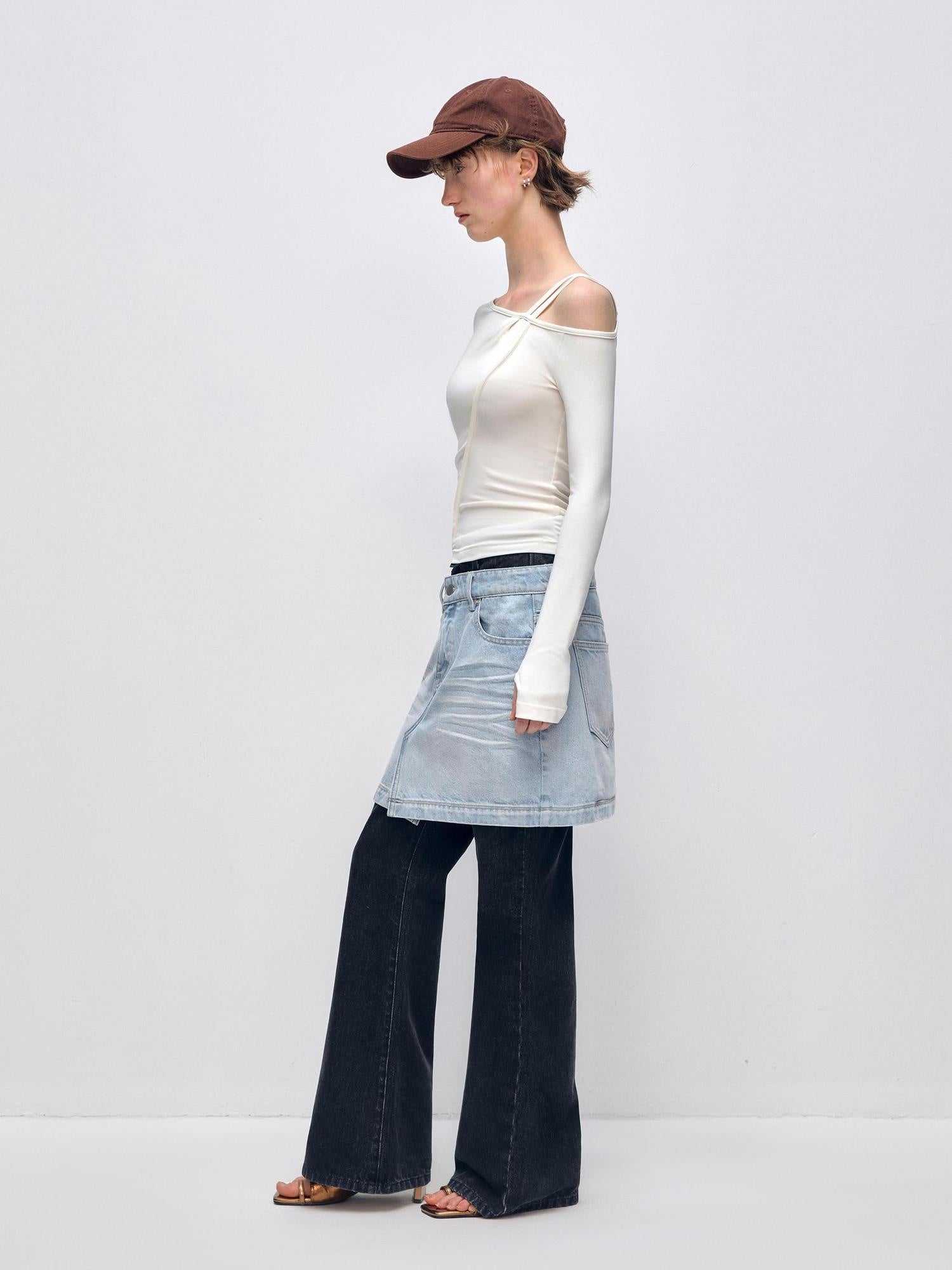 RUN TO THE FUTURE Quick Dry Modal Slim Asymmetric Neckline Cream Cropped Long Sleeve T-Shirts