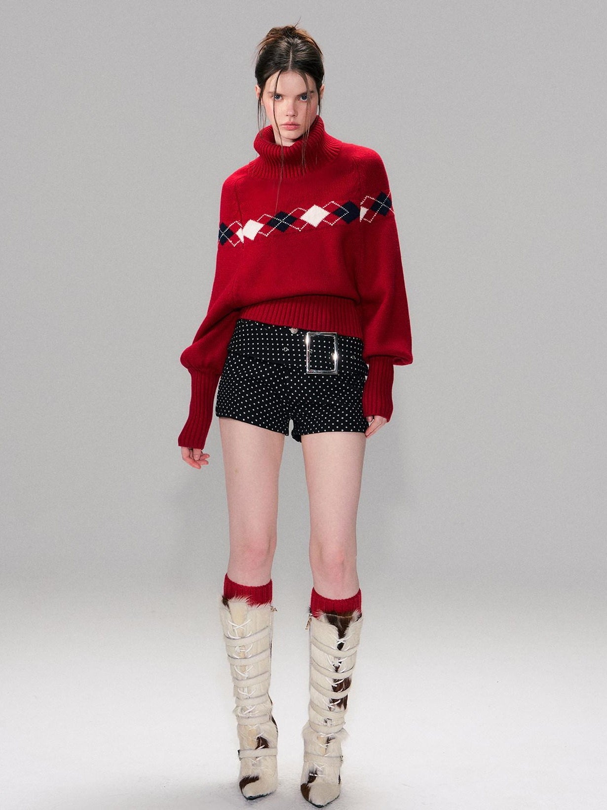 The NeverMore Warm Wool Pullover Vintage Jacquard Cape Batwing Women High Neck Red Sweaters