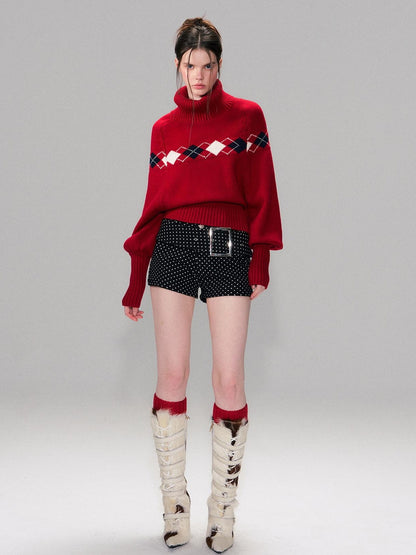 The NeverMore Warm Wool Pullover Vintage Jacquard Cape Batwing Women High Neck Red Sweaters