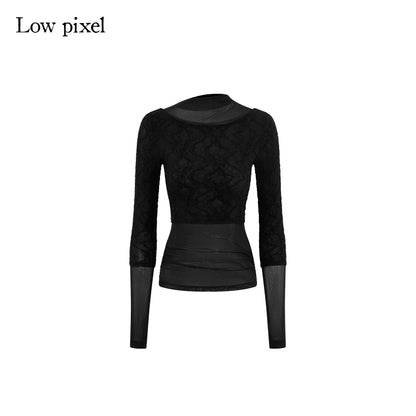 Low pixel Thin Street Slim Fit Faux Two Piece Crew Neck Women Nylon Long Sleeve T-Shirts