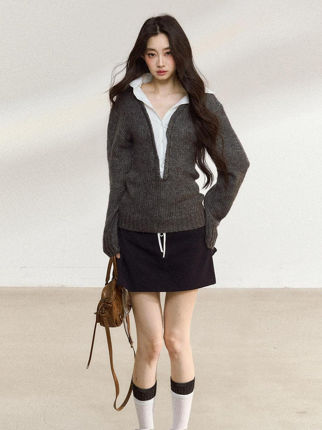 7Shiftin Cozy Acrylic Wool Blend Mock Layered American Pullover Women Deep Gray Sweaters