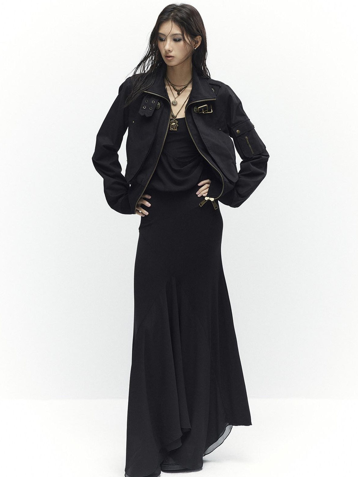 Low pixel Slim Waist Dark Gothic Cotton Zip Stand Collar Long Sleeve Women Cropped Jackets
