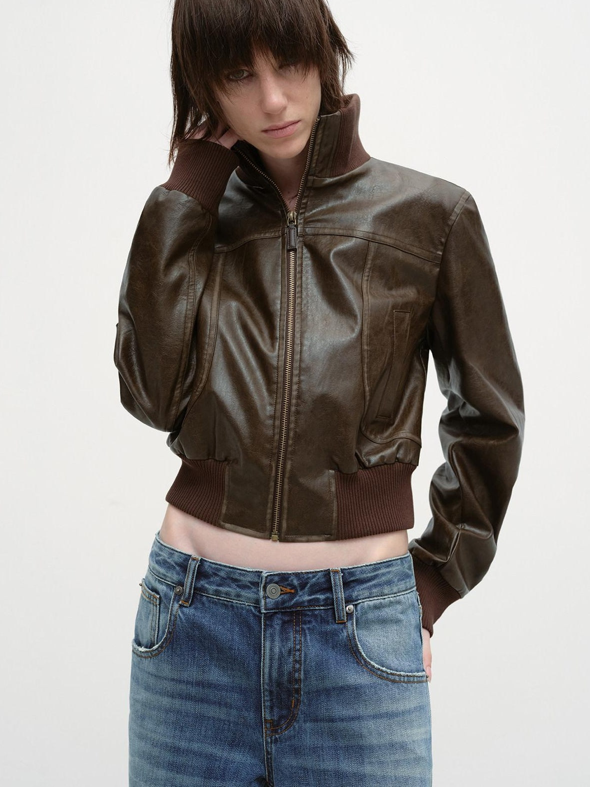 RUN TO THE FUTURE Brown Patchwork Stand Collar Zipper Short Straight Fit Commuter Youth Jackets