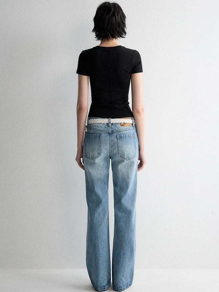 RUN TO THE FUTURE Ripped Low Rise Wide Leg Casual Loose Fit Vintage Ice Blue Denim Straight Jeans