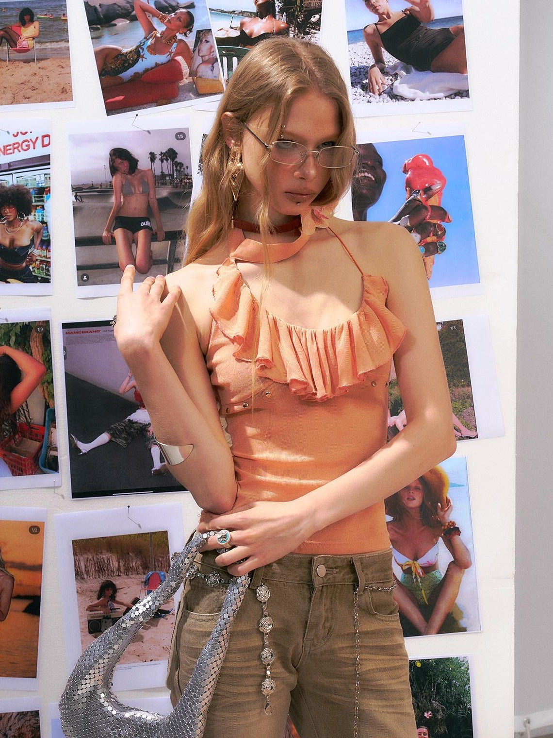 The NeverMore Original Backless Halter Slim Fit Nylon Orange Solid Women Camisoles