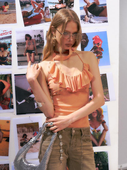 The NeverMore Original Backless Halter Slim Fit Nylon Orange Solid Women Camisoles