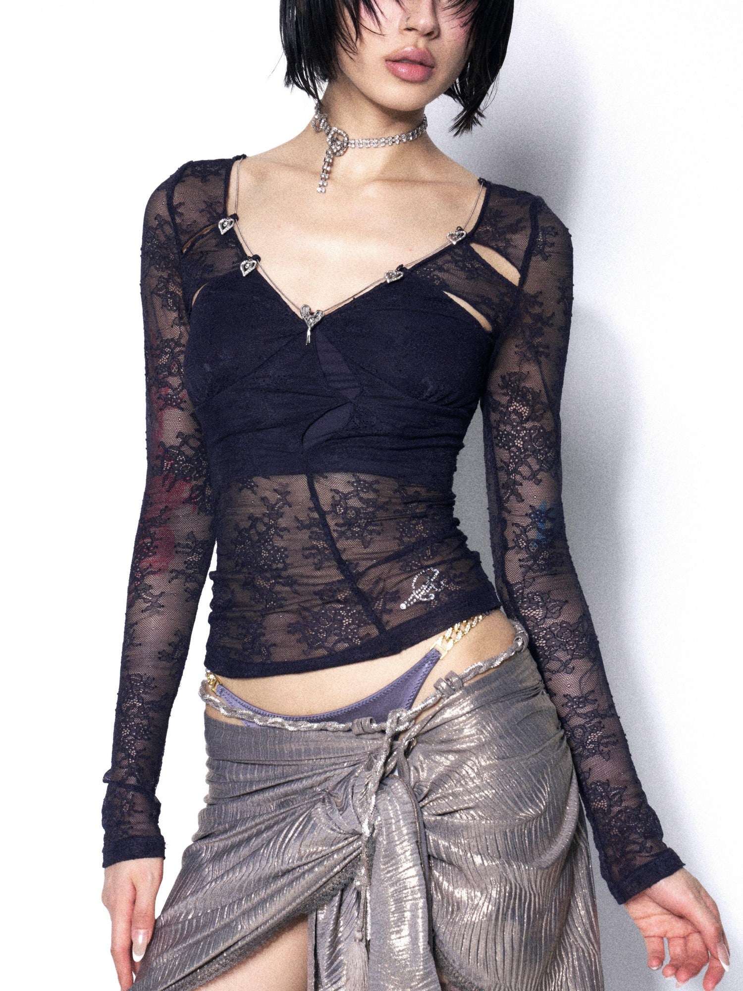 OPEN AESTHETIC Dark Blue Purple Lace Cutout Heart Women&