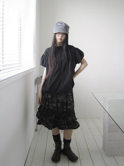 ang project Camouflage Ruffle Edge Patchwork Elastic Waist Women&
